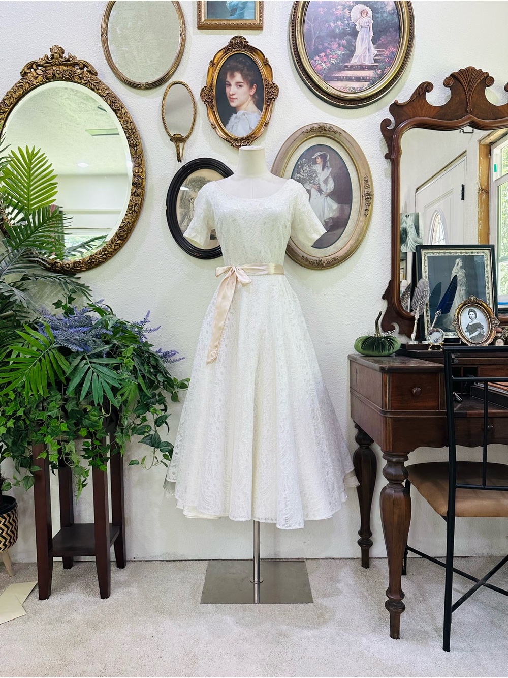 Vintage-Inspired White Lace Tea Dress with Satin Ribbon
